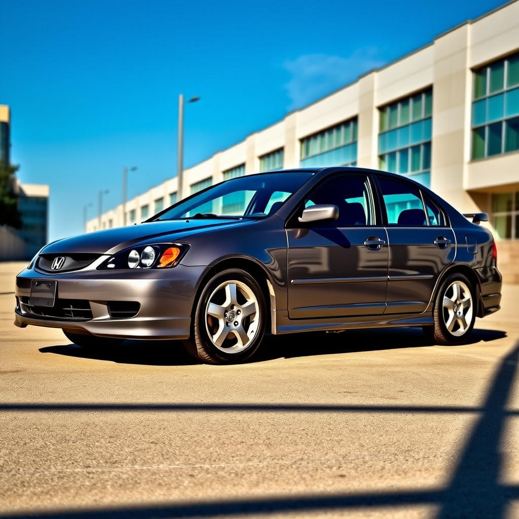 A stylish 2004 Honda Civic, 4-door model, painted in an eye-catching Nardo gray color