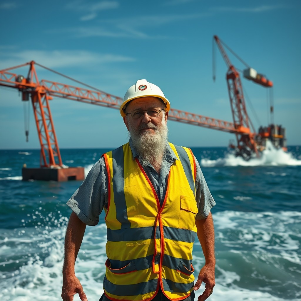 An old bald white man, portrayed as a construction supervisor, stands with a determined expression despite his missing arms and legs