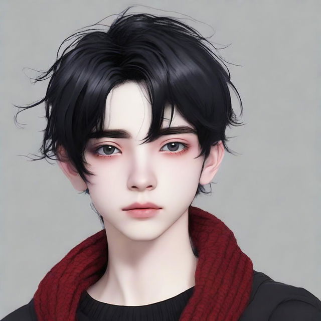 A 16/17 year old boy with half white, half black hair. One eye is red, the other is brown. He is dressed in a black sweater with black details, a black scarf, and black pants.