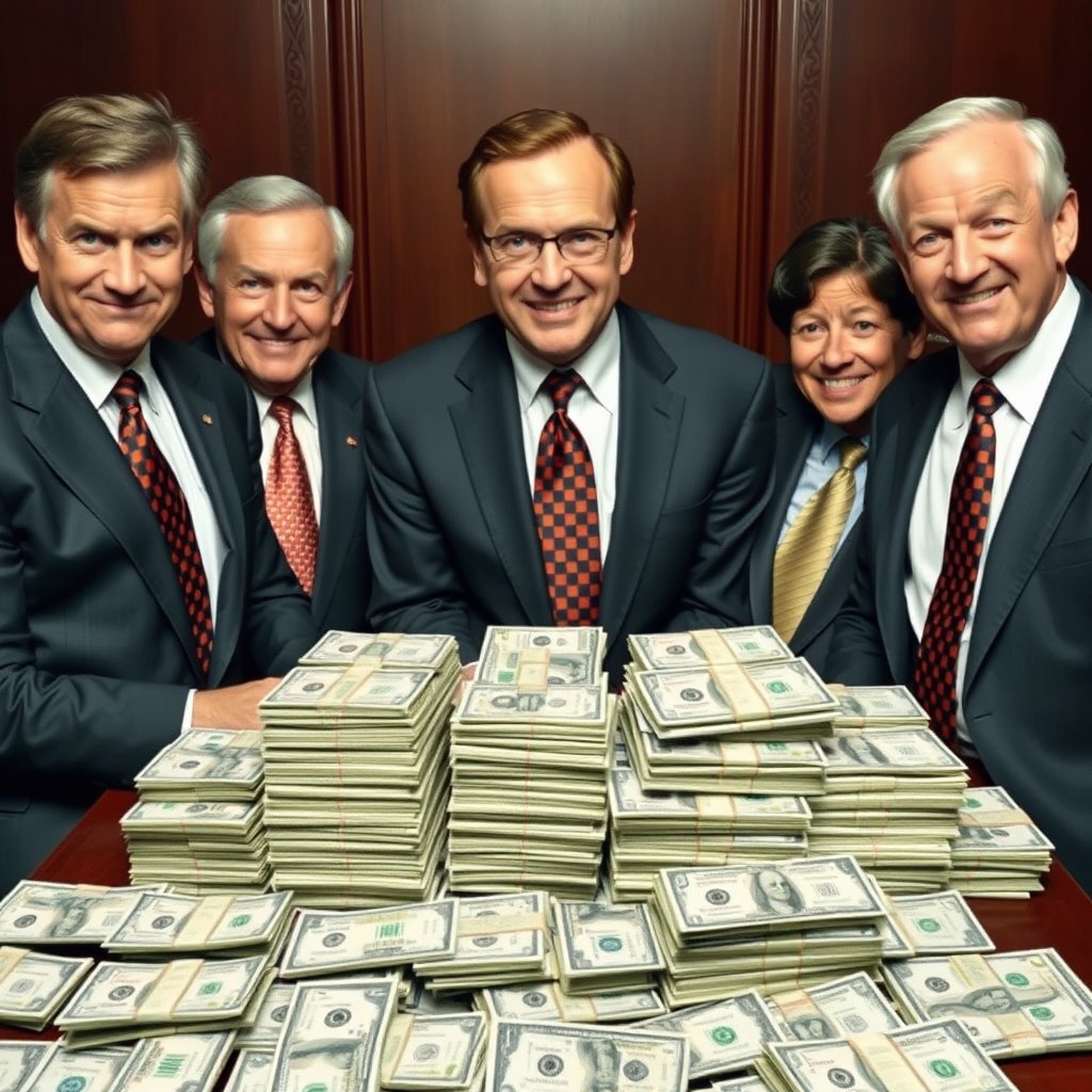A group of several politicians dressed in suits and ties, sitting together with mischievous smiles on their faces
