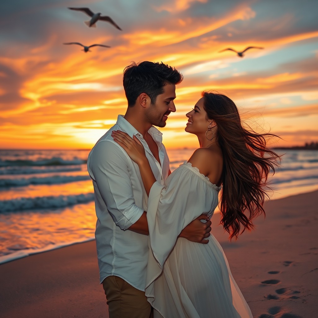 A romantic scene featuring a couple embracing passionately in a beautiful sunset on the beach