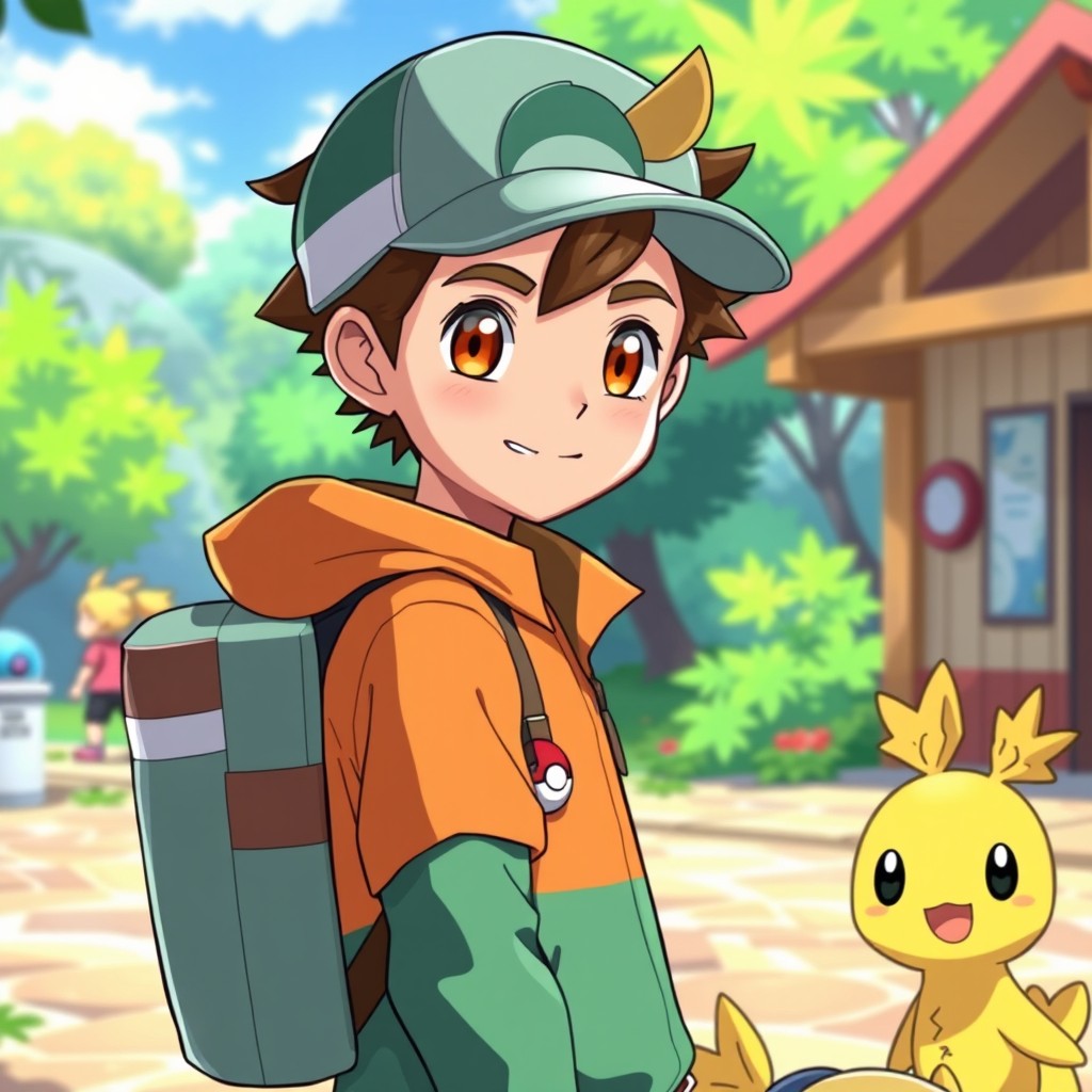 A classic young Pokémon trainer, featuring a boy with tousled brown hair and bright brown eyes, dressed in a colorful Pokémon trainer outfit, complete with a cap and a backpack full of Poké Balls