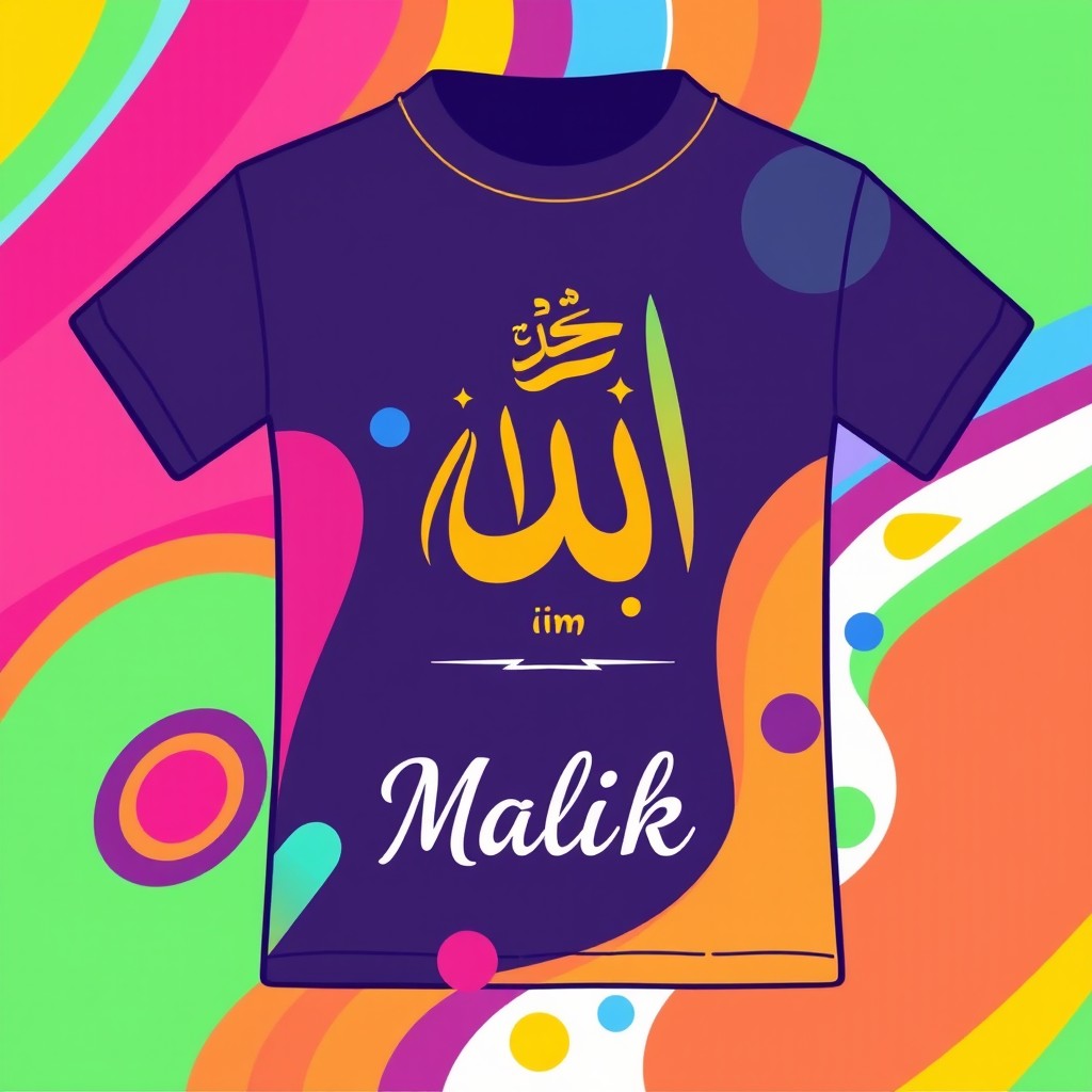 A vibrant, colorful graphic t-shirt featuring beautiful Arabic calligraphy of the letter 'Mim' (م) as the main design