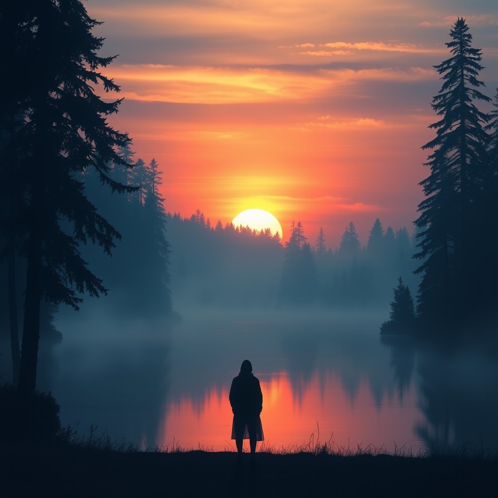 A mystical and haunting scene depicting the final shadow of a fading sunset over a serene lake