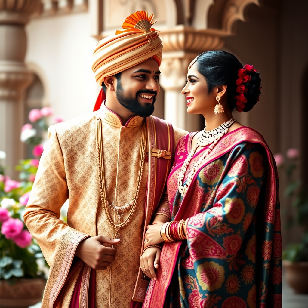 A vibrant and beautifully captured image of an Indian couple dressed in traditional attire