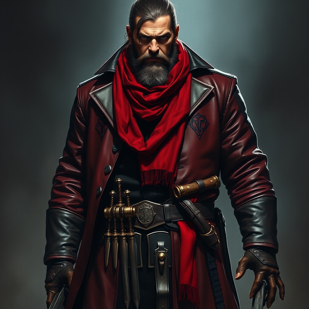 A tall, robust man around 35 years old, with the left side of his face severely scarred from a burn that prevents beard growth and leaves his left eye a milky white color