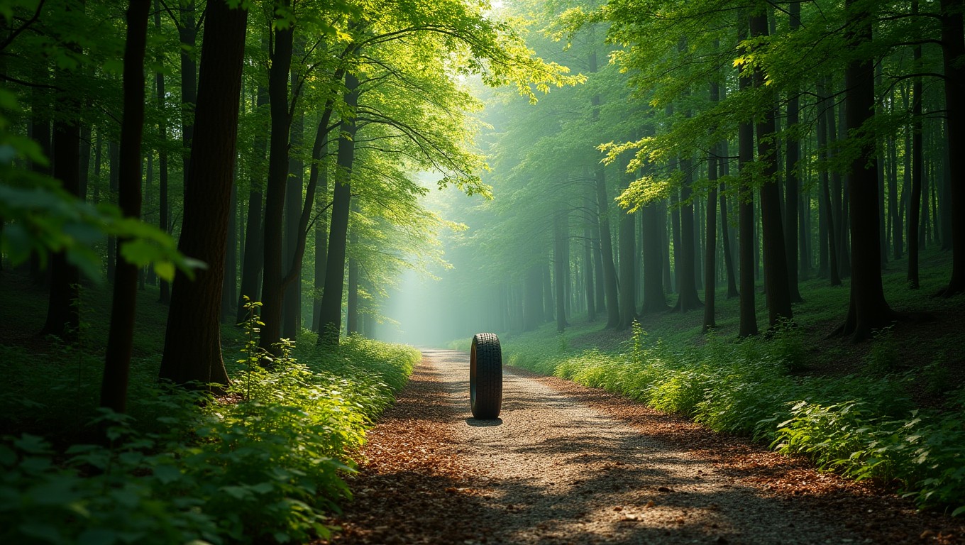 A cinematic shot of a lonely tire rolling along a winding path through a dense forest