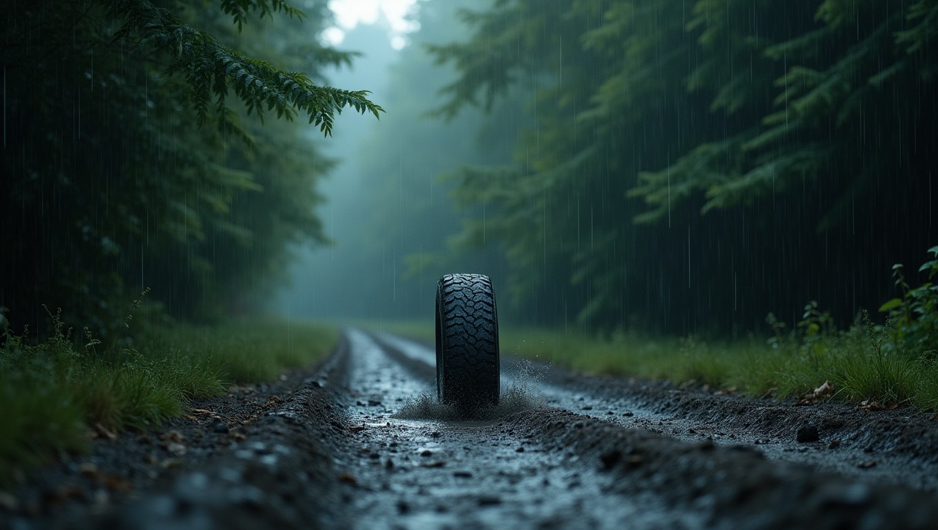 A cinematic shot of a lonely tire navigating a rough forest road under rainy conditions