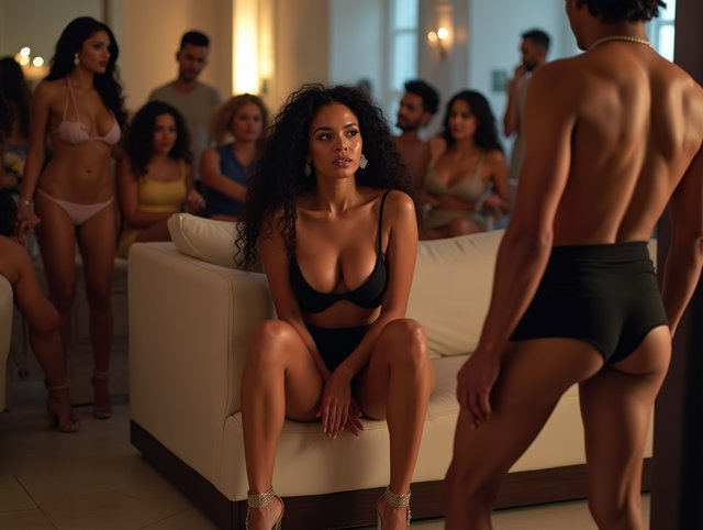 A light-skinned Latina woman with almond-shaped eyes, prominent cheekbones, and full lips sits on a sofa during a lively gathering