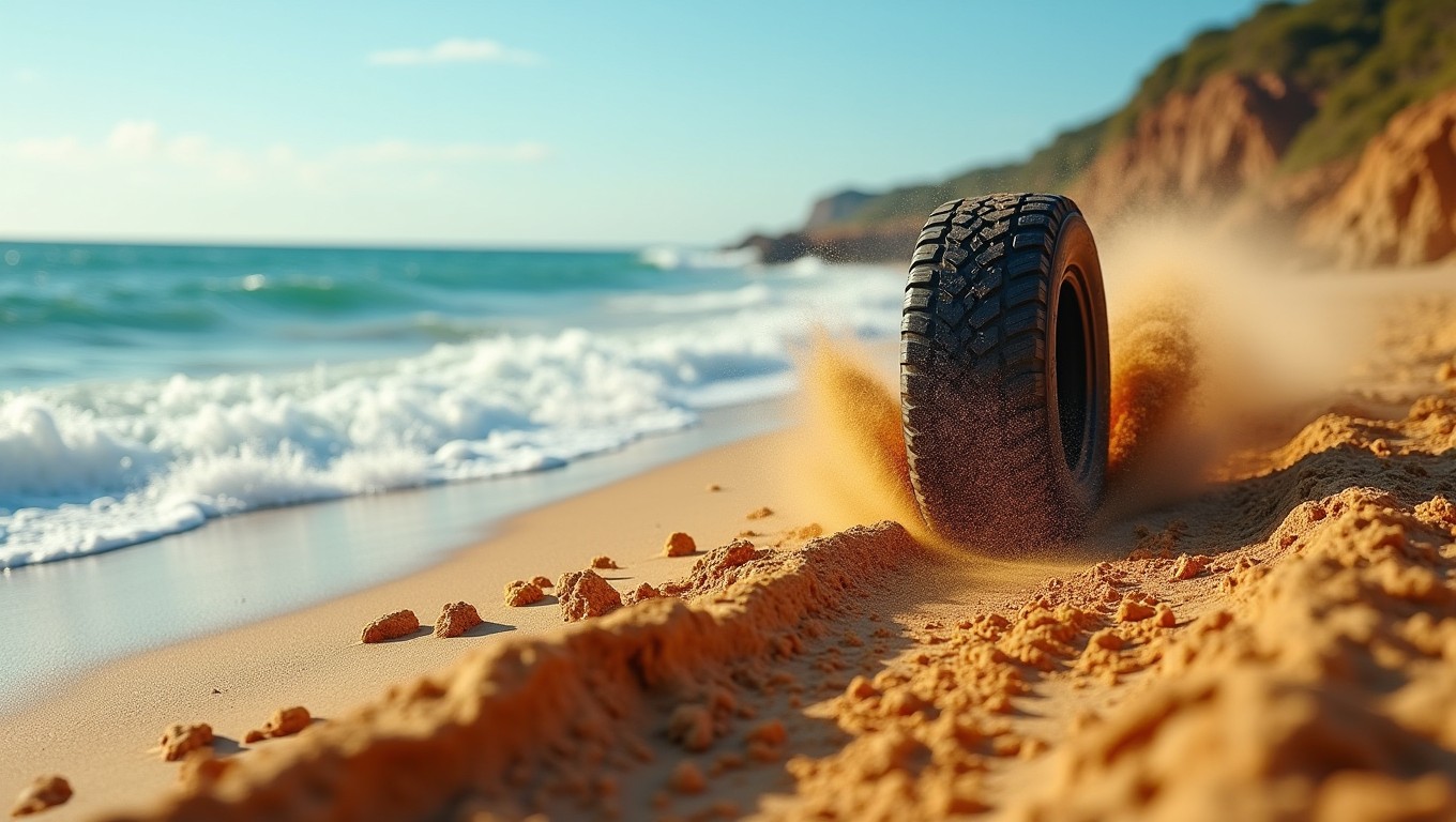 A cinematic shot of a lonely tire racing along an off-road path by the shoreline