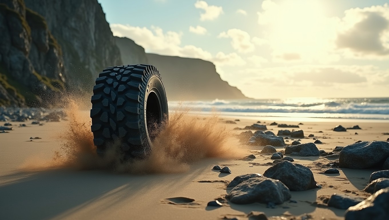 A cinematic shot of a lonely tire speeding along the rugged Nordic shoreline, creating a splash of sand and rocks as it traverses the off-road terrain
