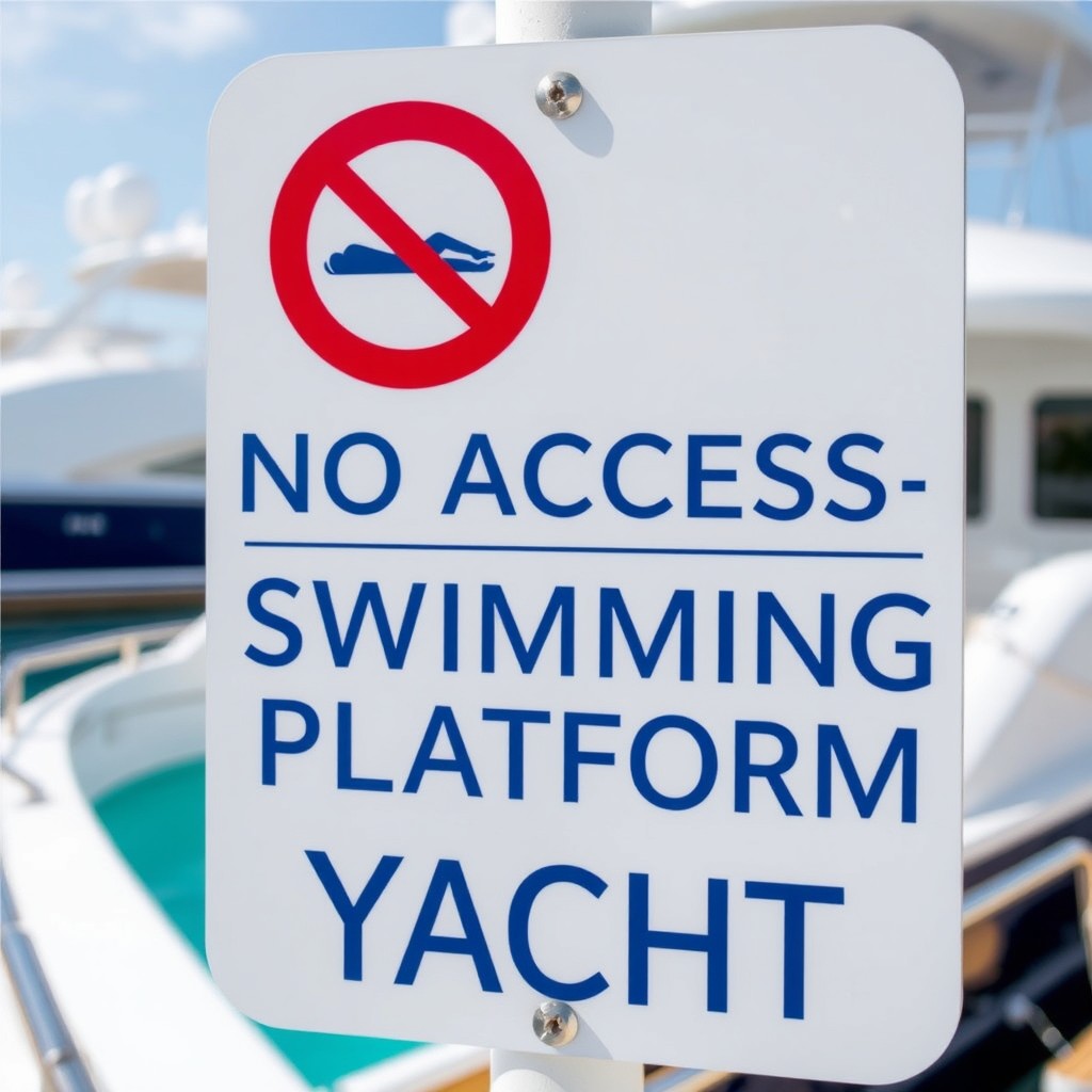 A clear and bold sign that reads 'No Access: Swimming Platform Yacht' prominently displayed
