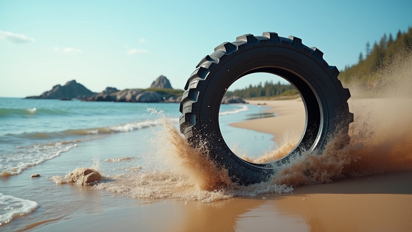 A realistic shot of a lonely tire speeding through an off-road path along the Nordic shoreline