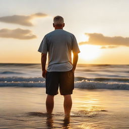 A loving father at the beach, clothes soaking wet from the ocean water, stands in the setting sun.