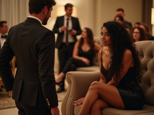 A light-skinned Latina woman with long, curly black hair, thick legs, and wide hips is sitting elegantly on a sofa during a sophisticated gathering