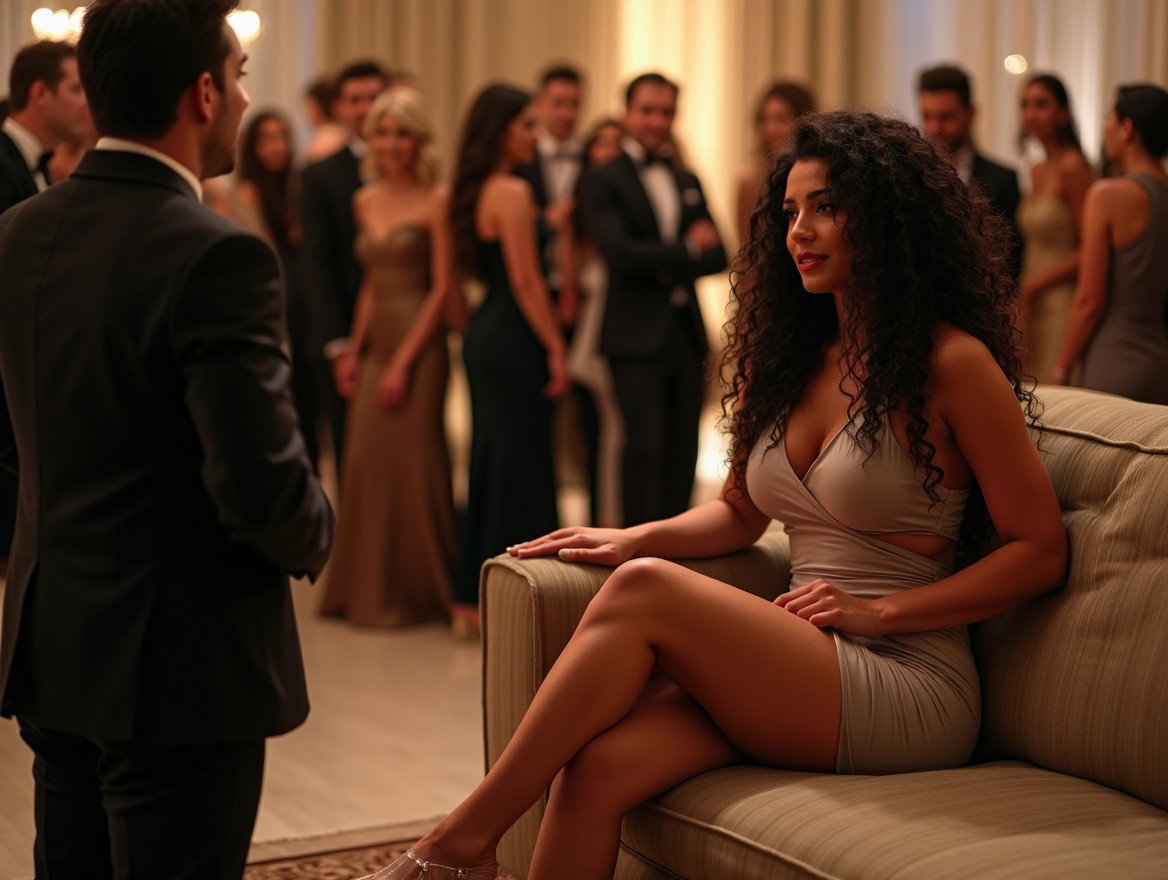 A light-skinned Latina woman with long curly black hair, thick toned legs, and wide hips sits on a sofa, crossing her legs