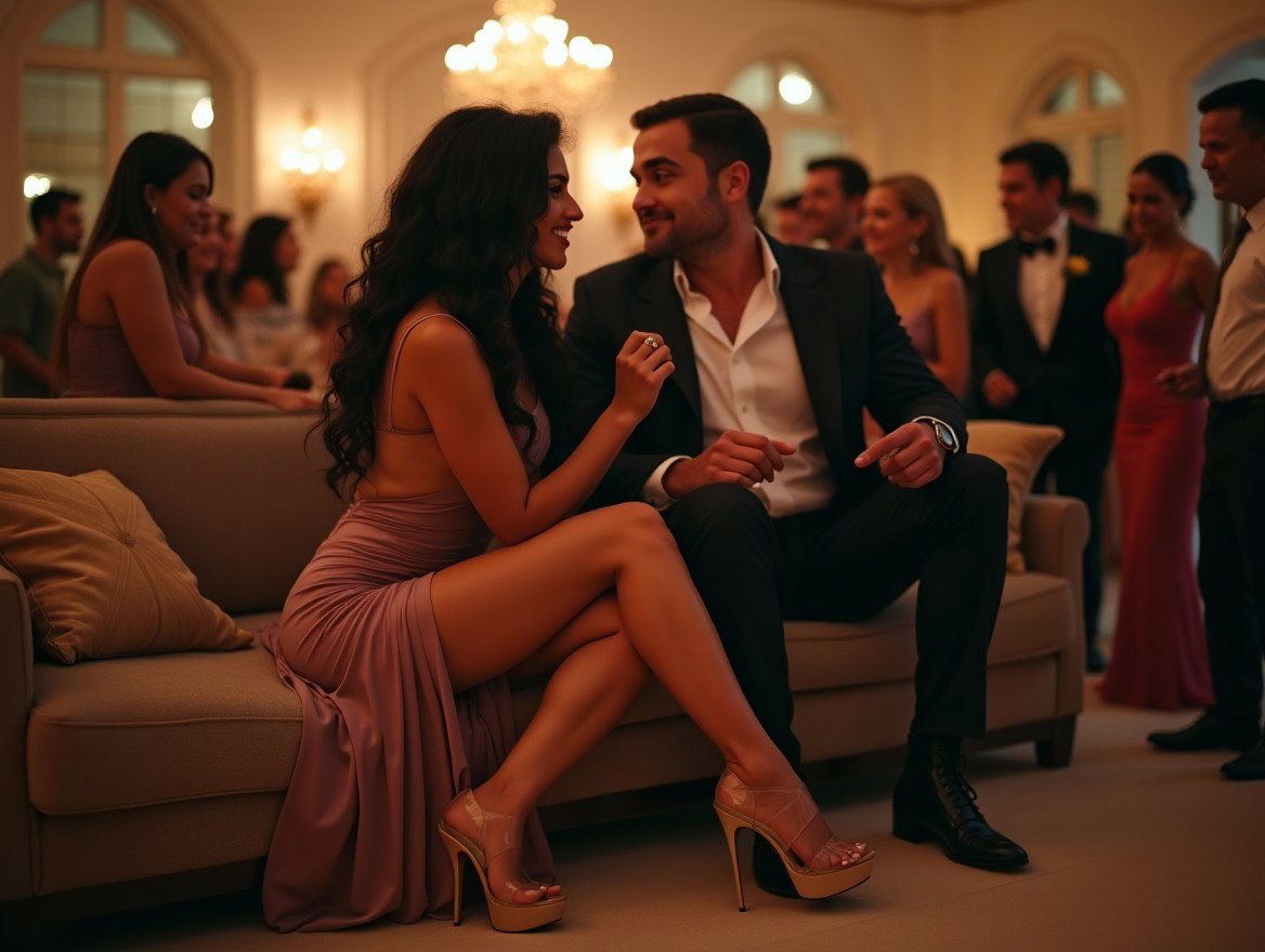 A light-skinned Latina woman with long, curly black hair and well-toned thick legs sits on a sofa in a spacious living room, dressed in a form-fitting long dress with a prominent thigh-high slit