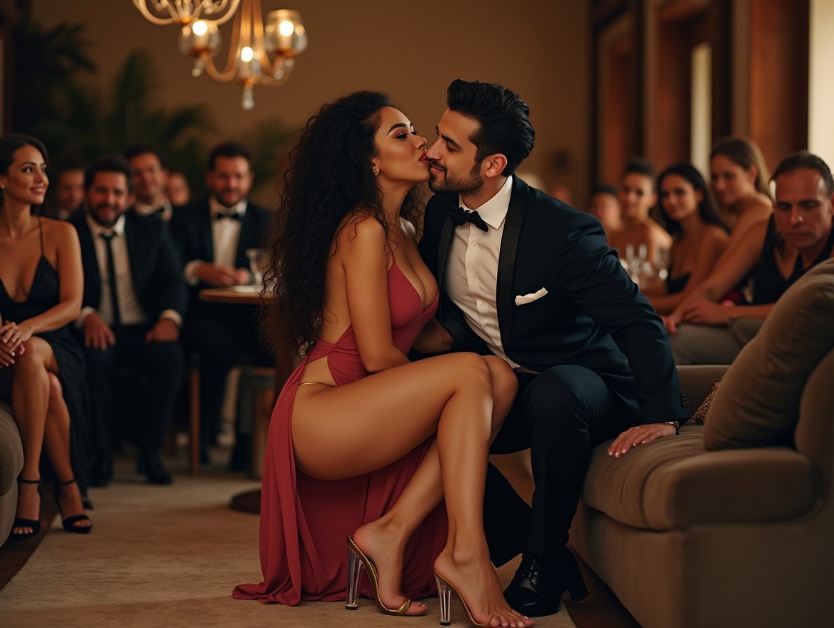 A light-skinned Latina woman with long, curly black hair, thick toned legs, and wide hips is captured in a front-facing shot