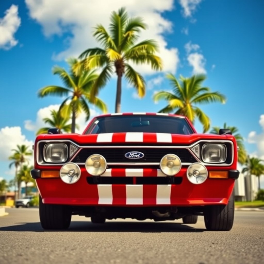 A vibrant red Ford Escort MK2, featuring two bold white racing stripes running down the center, reminiscent of the iconic car from 'Starsky and Hutch'