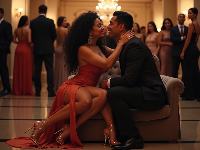 A light-skinned Latina woman with long, curly black hair and robust thighs sits elegantly on a sofa, crossing her legs in a flirty pose