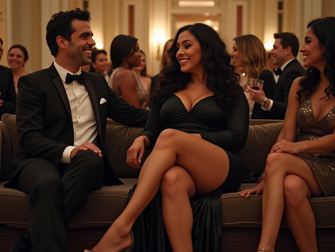 A light-skinned Latina woman with long, curly black hair and voluptuous curves sits confidently on a sofa, legs crossed in a front-facing shot