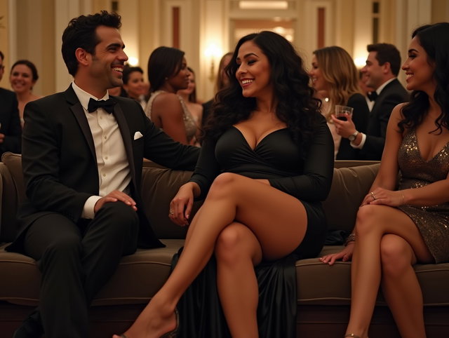 A light-skinned Latina woman with long, curly black hair and voluptuous curves sits confidently on a sofa, legs crossed in a front-facing shot