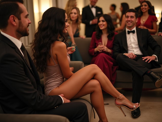A light-skinned Latina woman with long, curly black hair and thick, well-toned legs sits elegantly on a sofa, her legs crossed