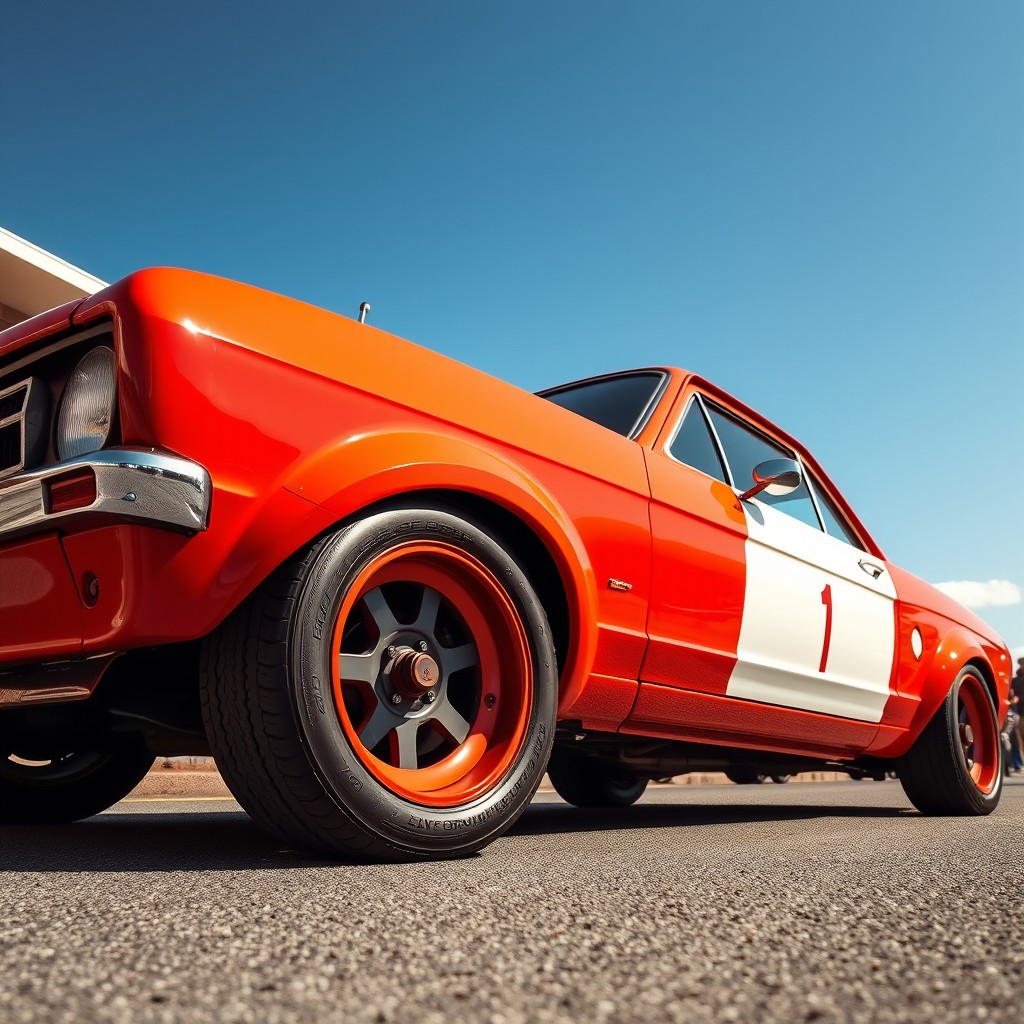 A striking orange-red Ford Escort MK2, featuring two large white racing stripes that run down the center, inspired by 'Starsky and Hutch'