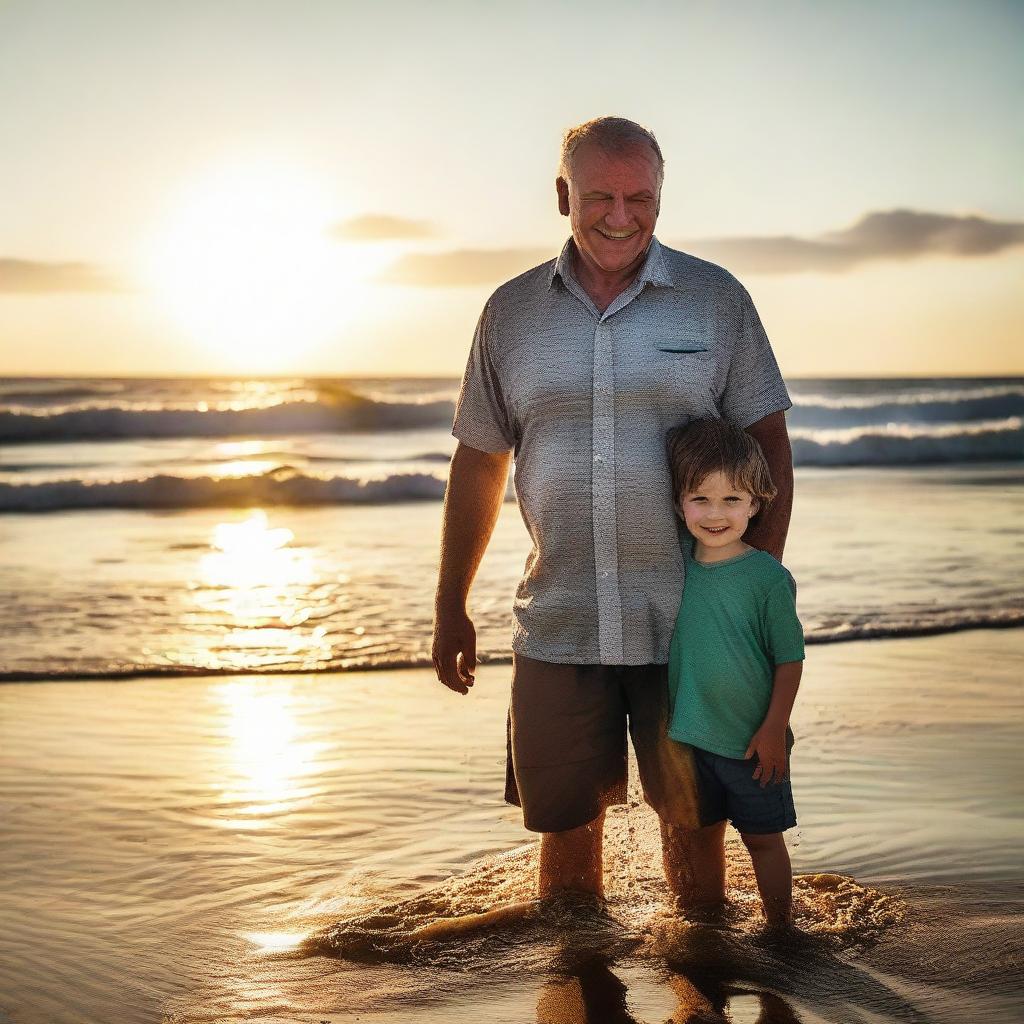 A loving father at the beach, clothes soaking wet from the ocean water, stands in the setting sun.