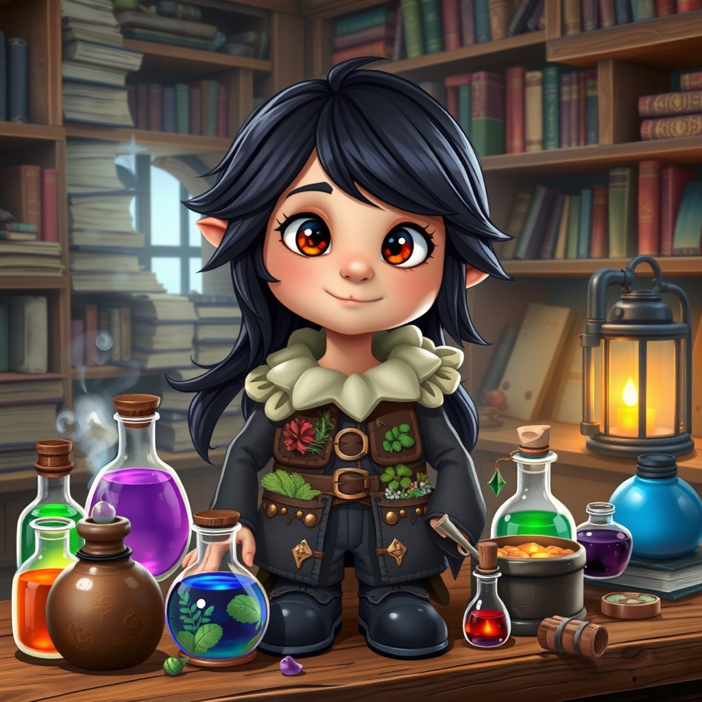 A fantasy setting scene featuring a gnome alchemist girl, around 12 years old, with raven black hair that falls in soft waves around her face