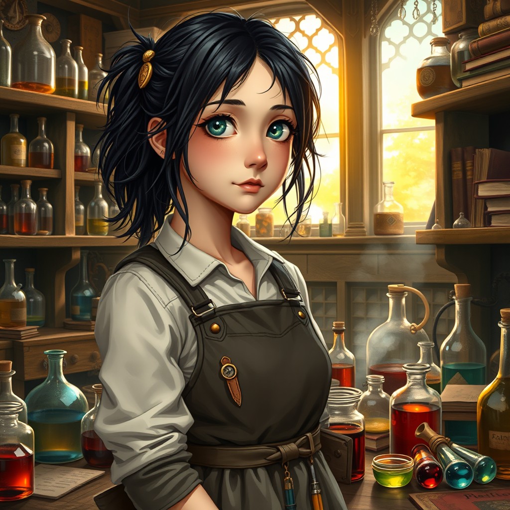 A realistic portrait of a young girl who is an alchemist, featuring raven black hair that is lively and slightly unkempt, indicative of her busy work in her laboratory