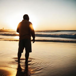 A loving father at the beach, clothes soaking wet from the ocean water, stands in the setting sun.