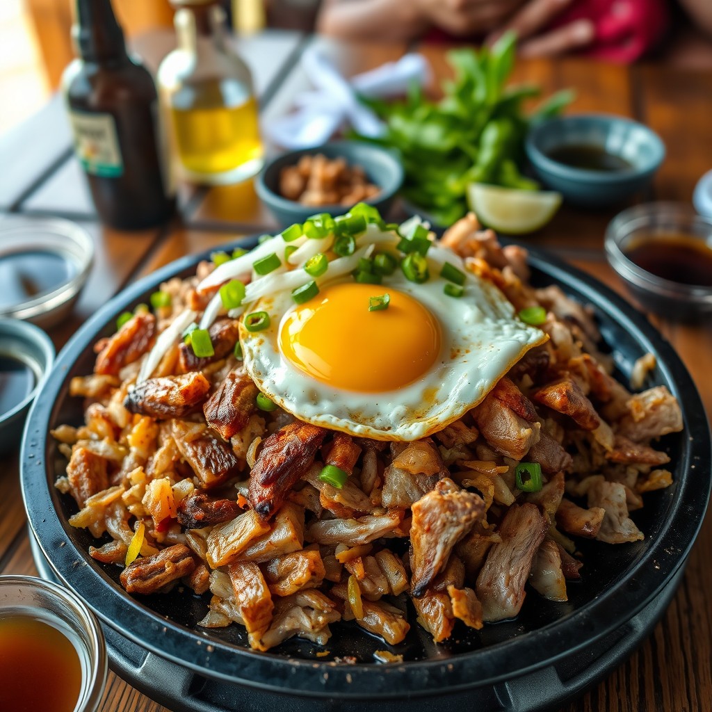 A vibrant and appetizing close-up of Sisig Ni Ate Joy, a traditional Filipino dish, displayed on a sizzling plate