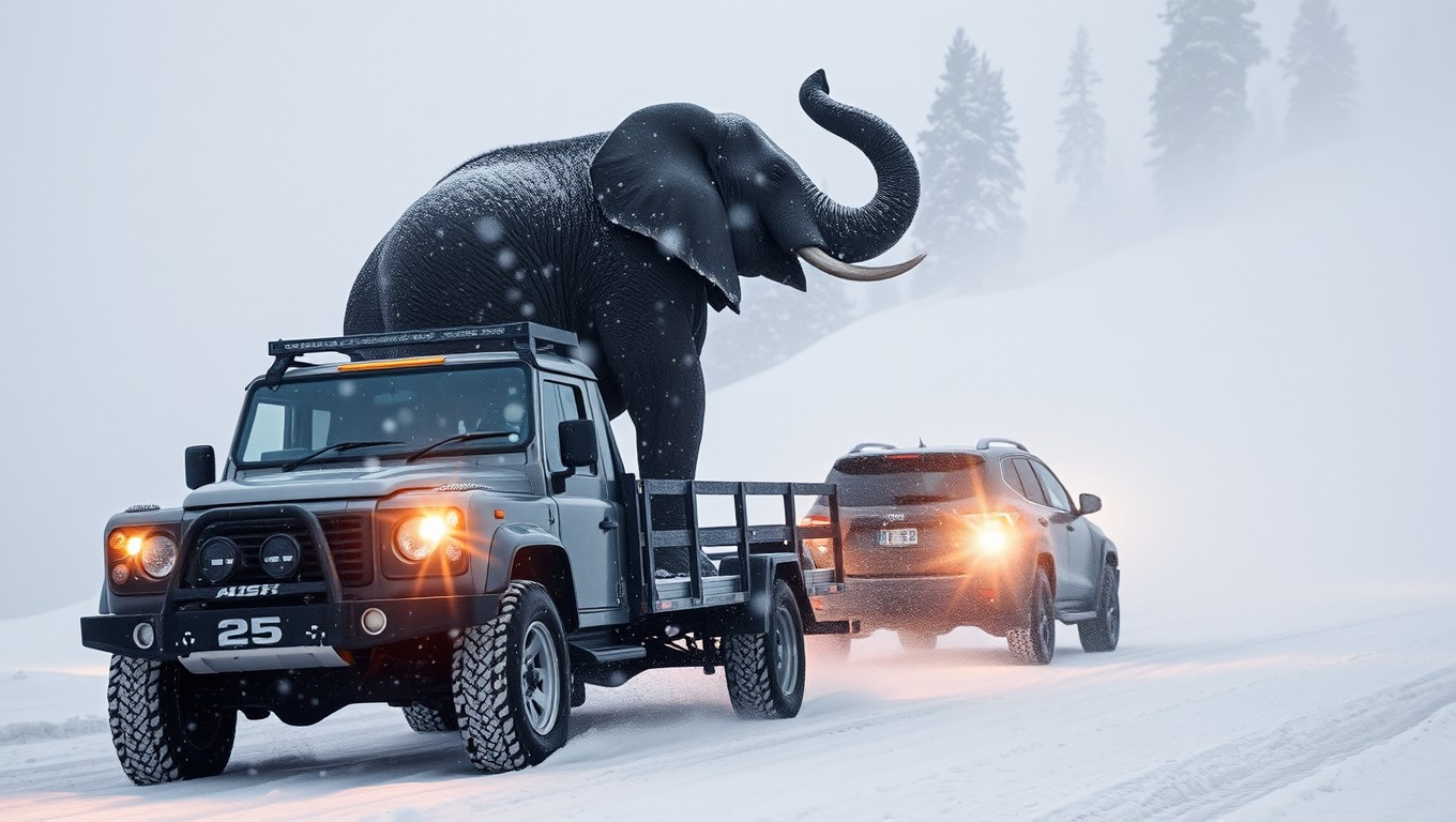 A dramatic winter scene capturing a sturdy car hauling an elephant on a trailer through a fierce snowstorm as it ascends a hill in the enchanting landscapes of Lapland