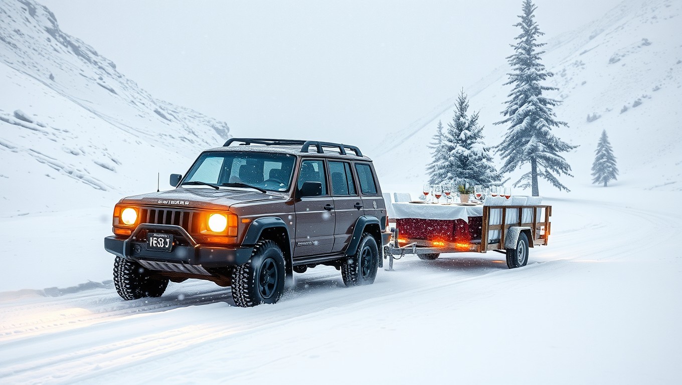 An imaginative winter scene depicting a sturdy car hauling a restaurant table on a trailer through a wild snowstorm as it ascends a snowy hill in the beautiful region of Lapland