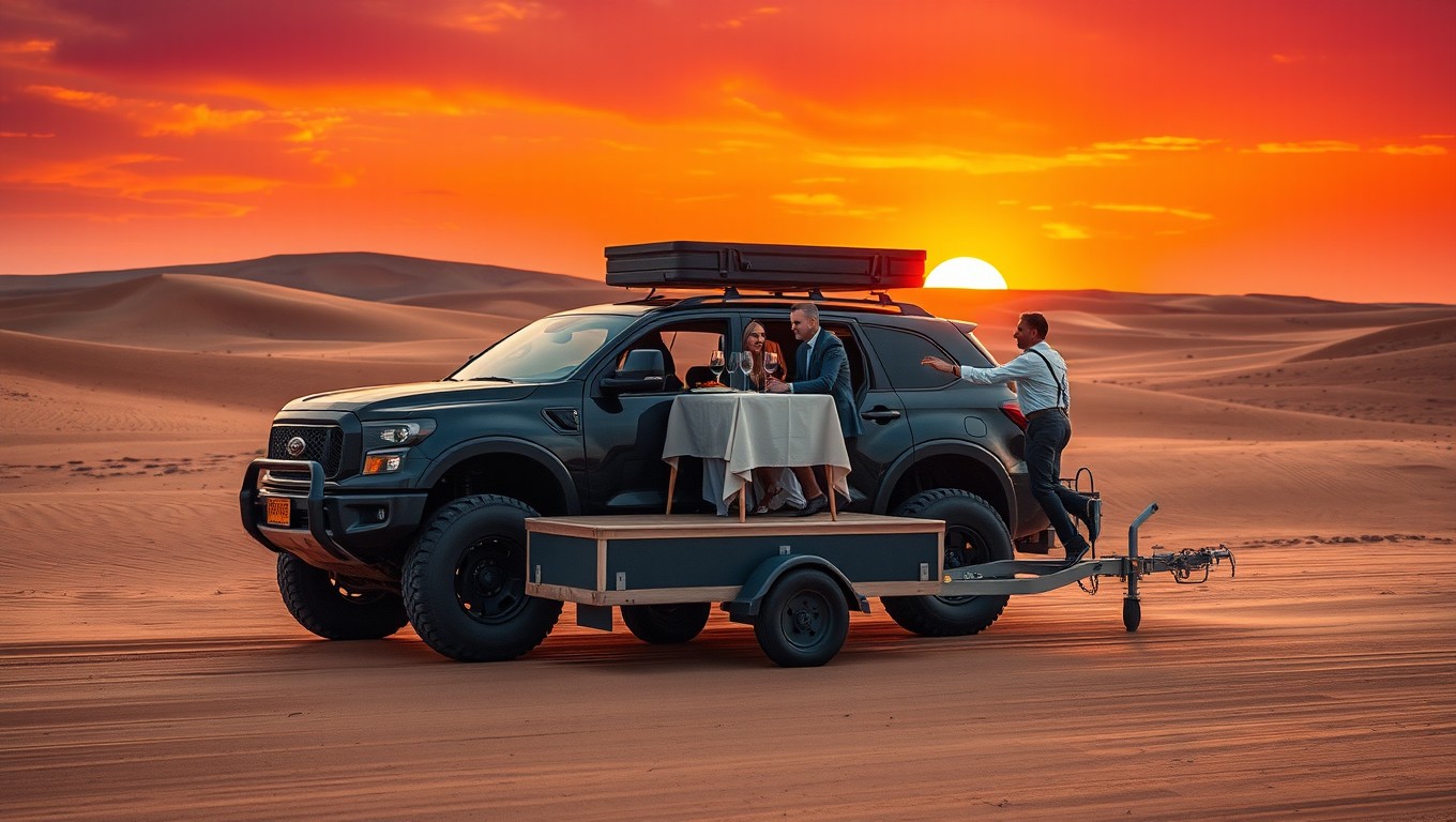 An imaginative scene showcasing a robust car pulling a restaurant table on a trailer through a vast desert landscape