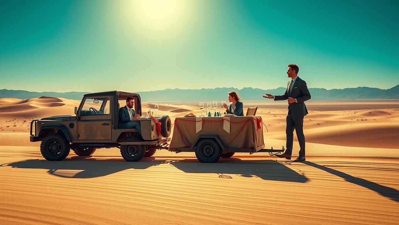 A whimsical scene depicting a rugged car pulling a restaurant table on a trailer through a sprawling desert landscape