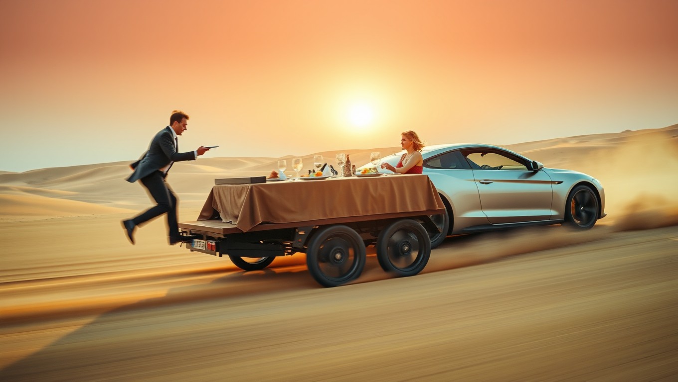 A dynamic scene featuring a powerful car racing at full speed while dragging a restaurant table on a trailer through a vast desert landscape