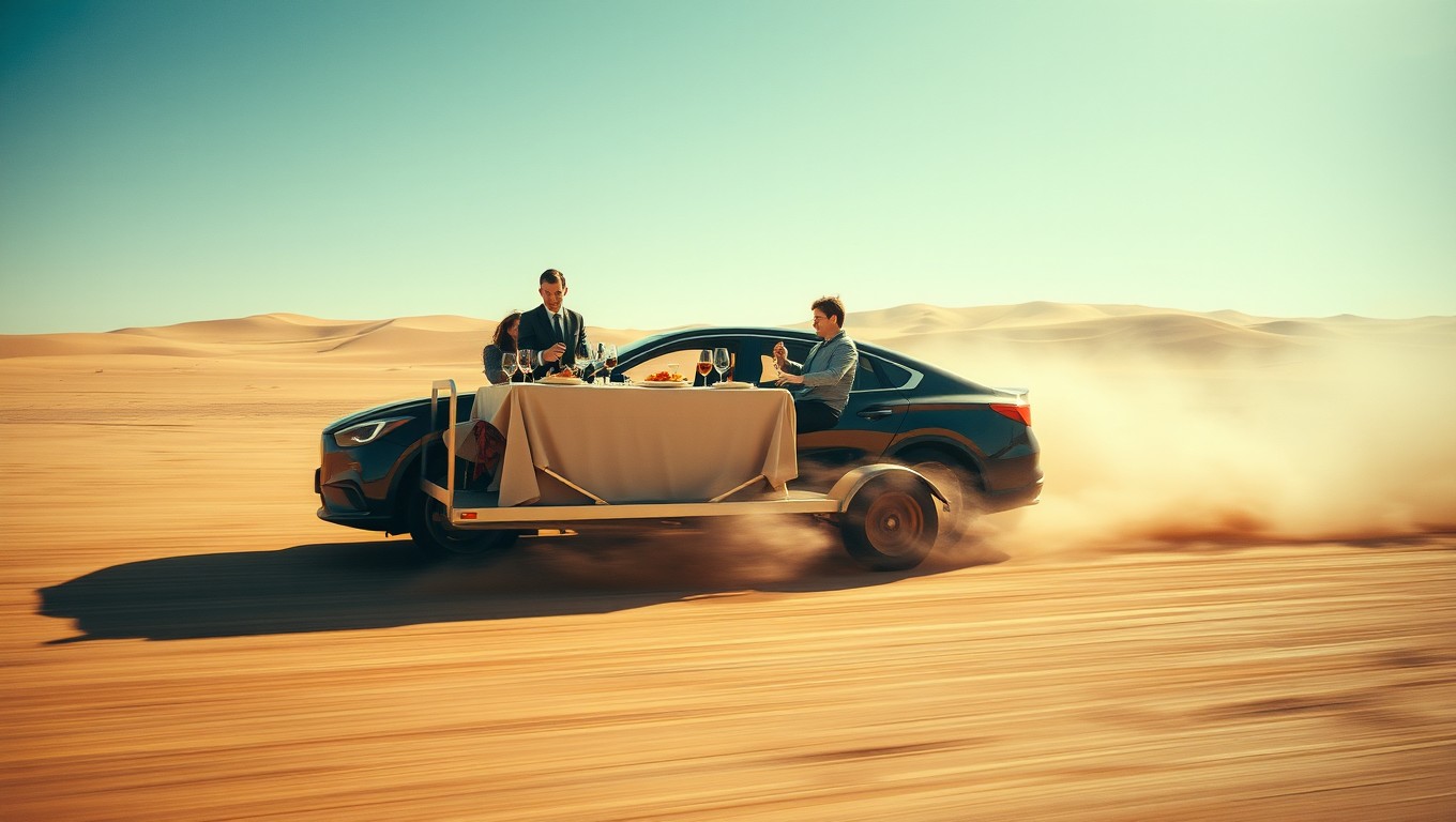 A highly realistic shot capturing a car at full speed, powerfully dragging a restaurant table on a trailer through a vast and arid desert landscape