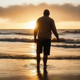 A loving father at the beach, clothes soaking wet from the ocean water, stands in the setting sun.