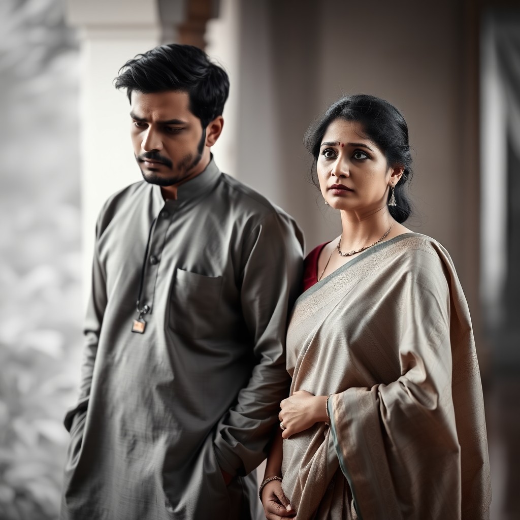 A poignant and emotional image of an Indian couple, their expressions filled with sadness and longing