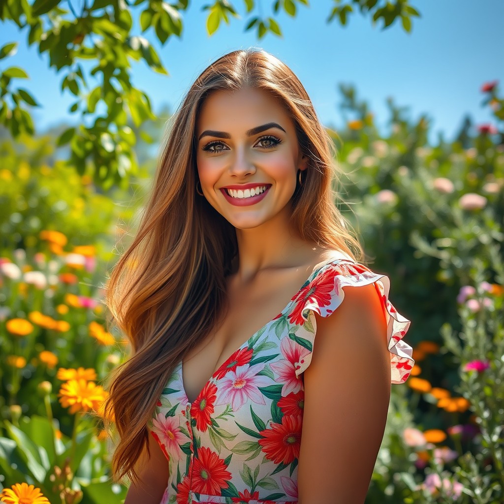 A stunning portrait of a woman with long flowing hair, wearing a fashionable summer dress adorned with vibrant floral patterns