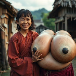 In a medieval Indonesian village, a young, very petite and malnourished Indonesian woman with decayed teeth is dressed in a long, fully-closed Buddhist robe
