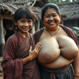 In a medieval Indonesian village, a young, very petite and malnourished Indonesian woman with decayed teeth is dressed in a long, fully-closed Buddhist robe