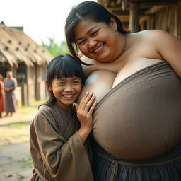 In a medieval Indonesian village, a young, very petite and malnourished Indonesian woman with decayed teeth is dressed in a long, fully-closed Buddhist robe
