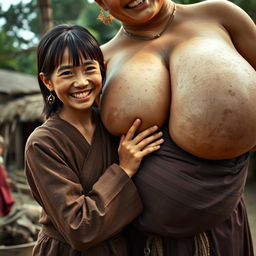 In a medieval Indonesian village, a young, very petite and malnourished Indonesian woman with decayed teeth is dressed in a long, fully-closed Buddhist robe