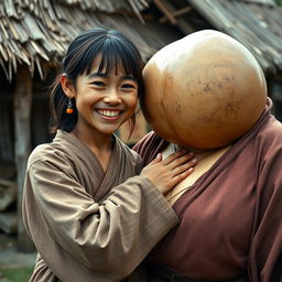In a medieval Indonesian village, a young, very petite and malnourished Indonesian woman with decayed teeth is dressed in a long, fully-closed Buddhist robe