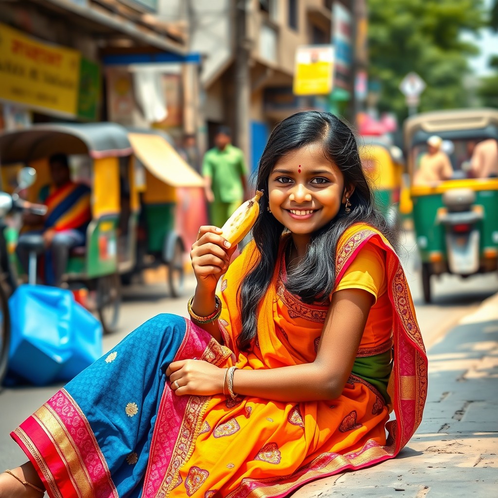 An Indian girl sitting on the roadside, casually enjoying a banana