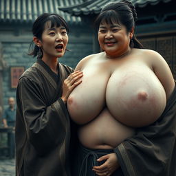 In a medieval Chinese village, a young Chinese woman, very short and emaciated, is depicted shouting loudly while wearing a long, fully closed Buddhist cloak