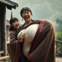 In a medieval Chinese village, a young Chinese woman, very short and emaciated, is depicted shouting loudly while wearing a long, fully closed Buddhist cloak